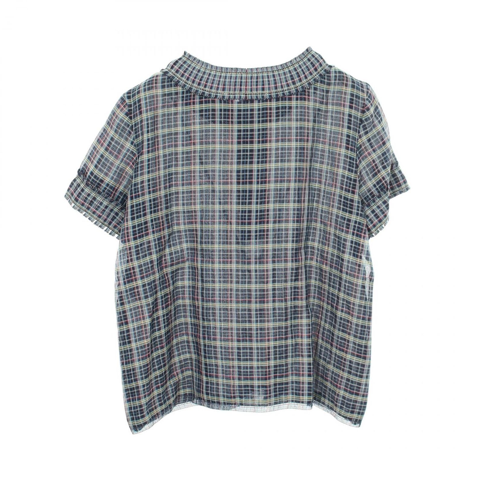 Chanel Blouse CC Logo Button Check Navy Silk — view 2