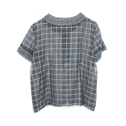 Chanel Blouse CC Logo Button Check Navy Silk — view 2
