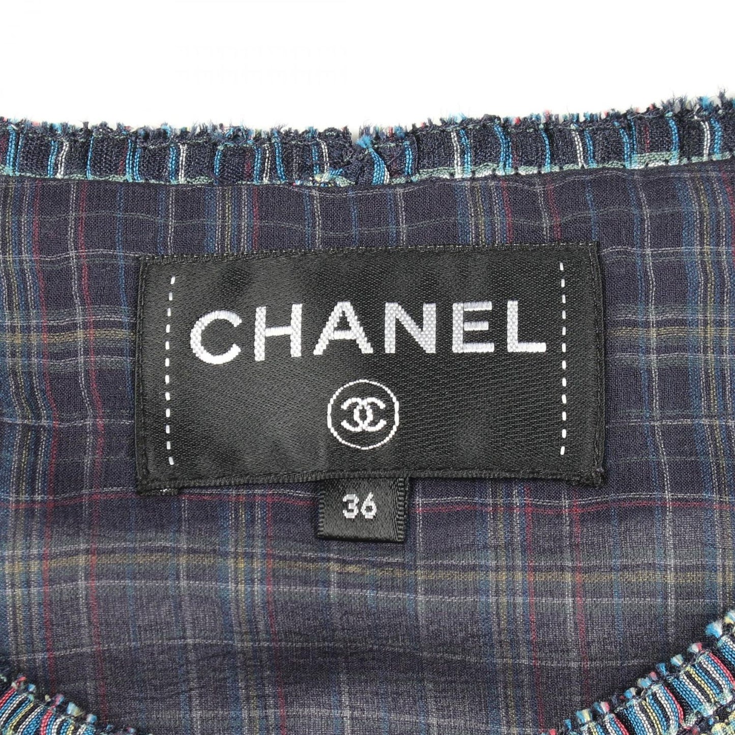 Chanel Blouse CC Logo Button Check Navy Silk — view 3