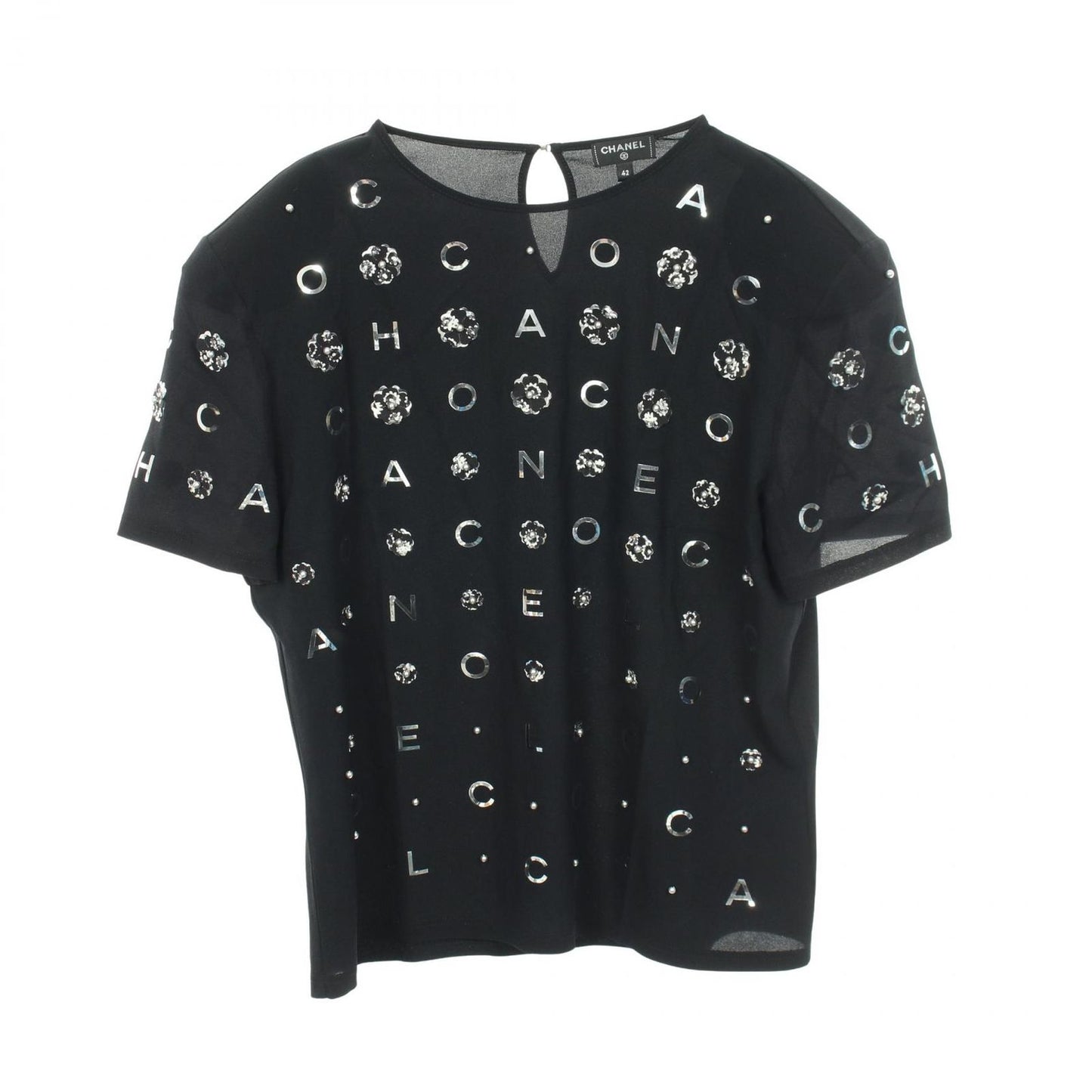 Chanel Top Camellia Icon Pearl Short Sleeve Black Silk