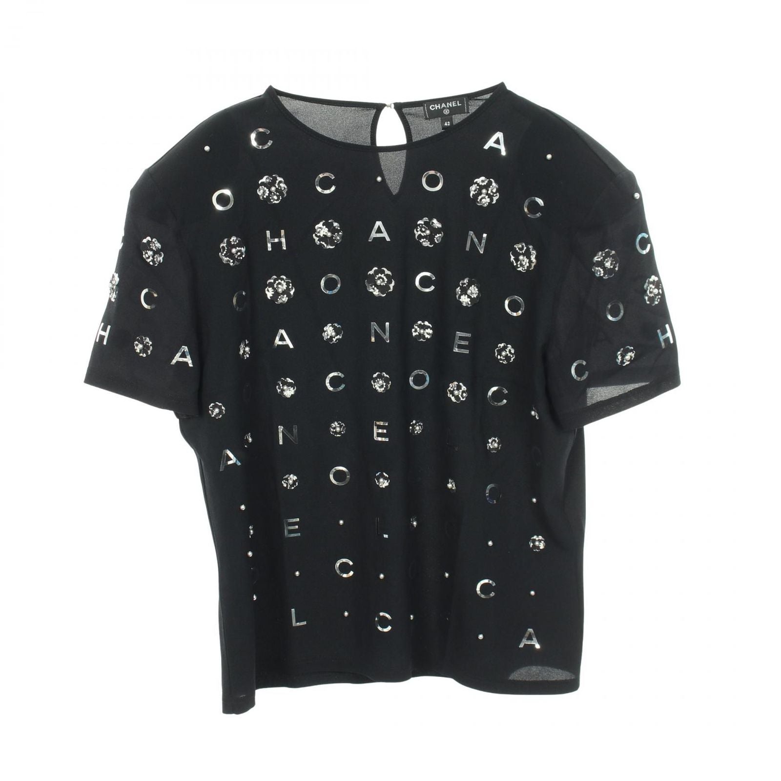 Chanel Top Camellia Icon Pearl Short Sleeve Black Silk