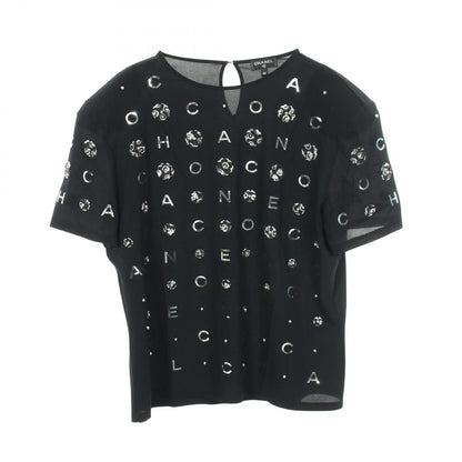 Chanel Top Camellia Icon Pearl Short Sleeve Black Silk