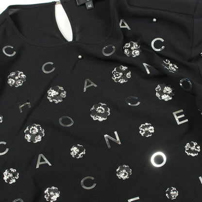 Chanel Top Camellia Icon Pearl Short Sleeve Black Silk — view 7