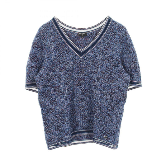 Chanel Knit Lace Trim Neck Short Sleeve Blue Cotton Cashmere Sweater