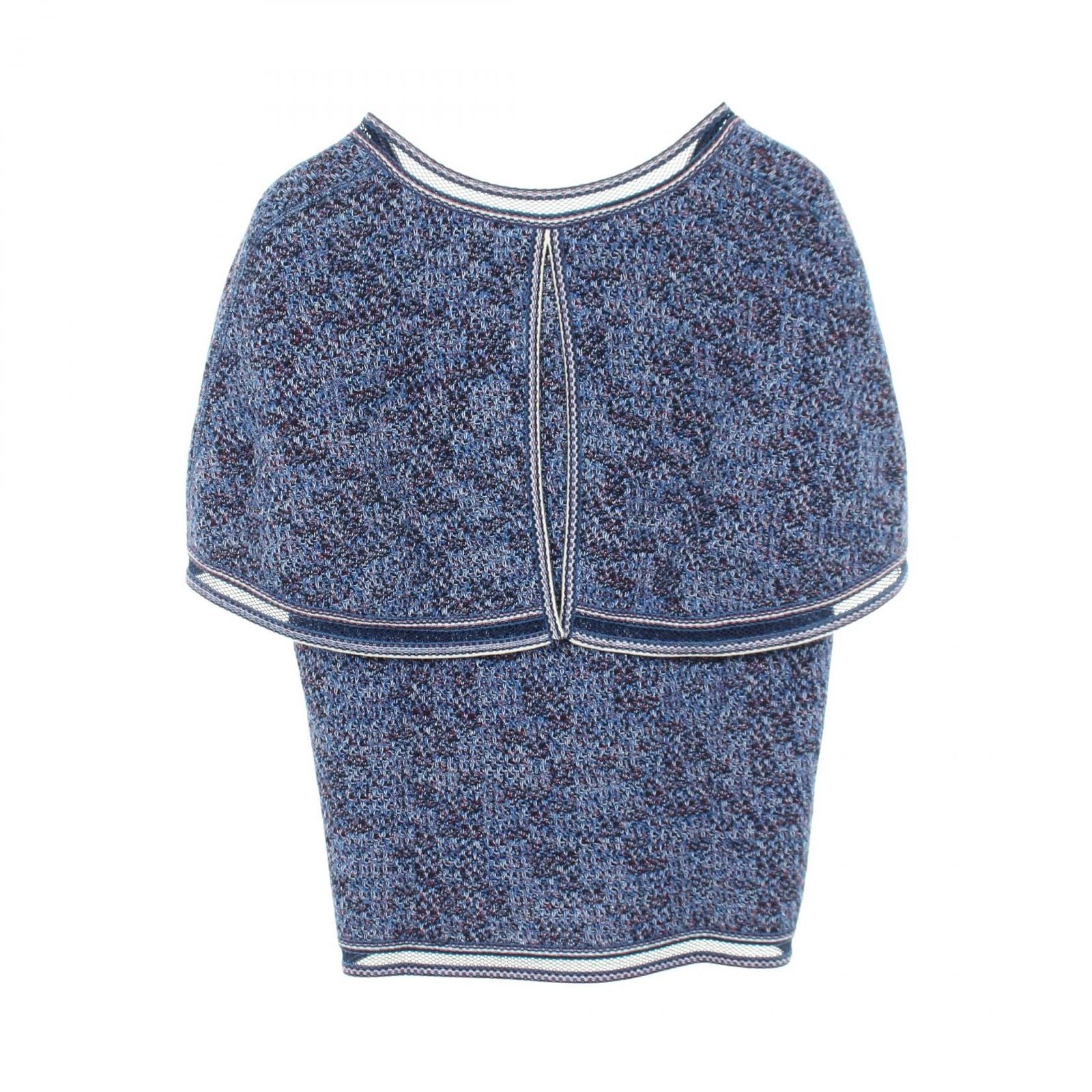 Chanel Knit Lace Trim Neck Short Sleeve Blue Cotton Cashmere Sweater — view 2