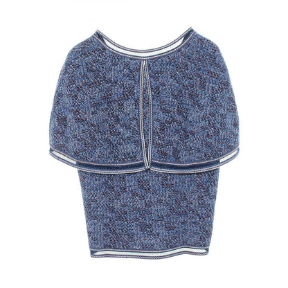 Chanel Knit Lace Trim Neck Short Sleeve Blue Cotton Cashmere Sweater — view 2