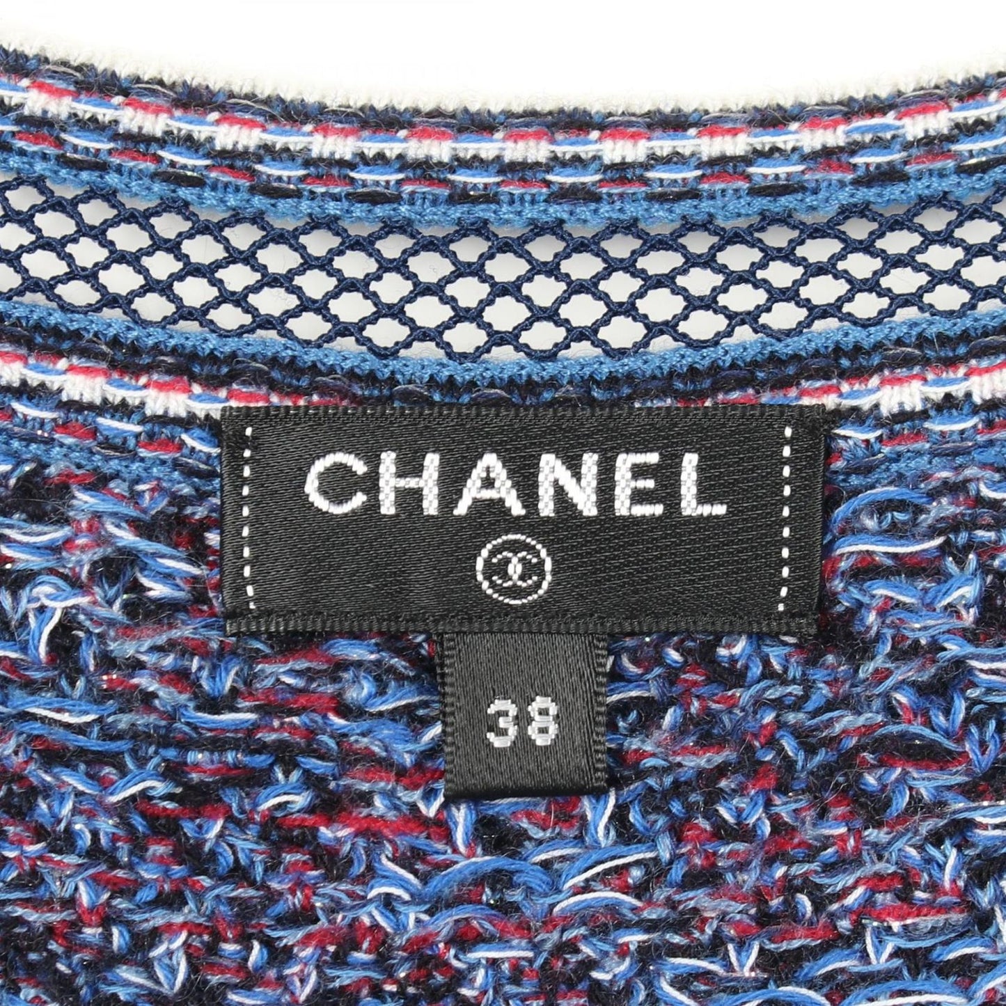 Chanel Knit Lace Trim Neck Short Sleeve Blue Cotton Cashmere Sweater — view 3