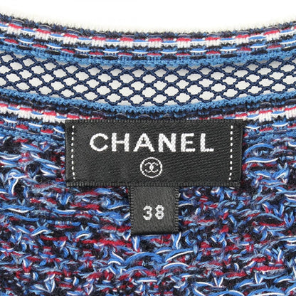 Chanel Knit Lace Trim Neck Short Sleeve Blue Cotton Cashmere Sweater — view 3