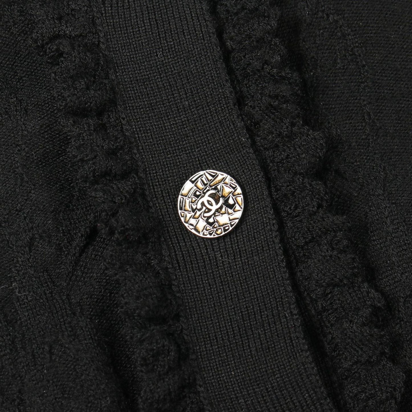 Chanel Cardigan CC Logo Button Frill Black Wool — view 6