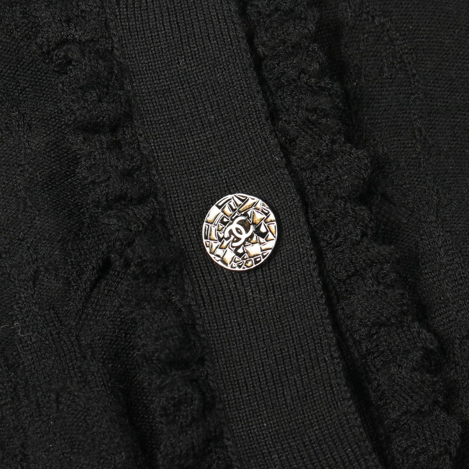 Chanel Cardigan CC Logo Button Frill Black Wool — view 6