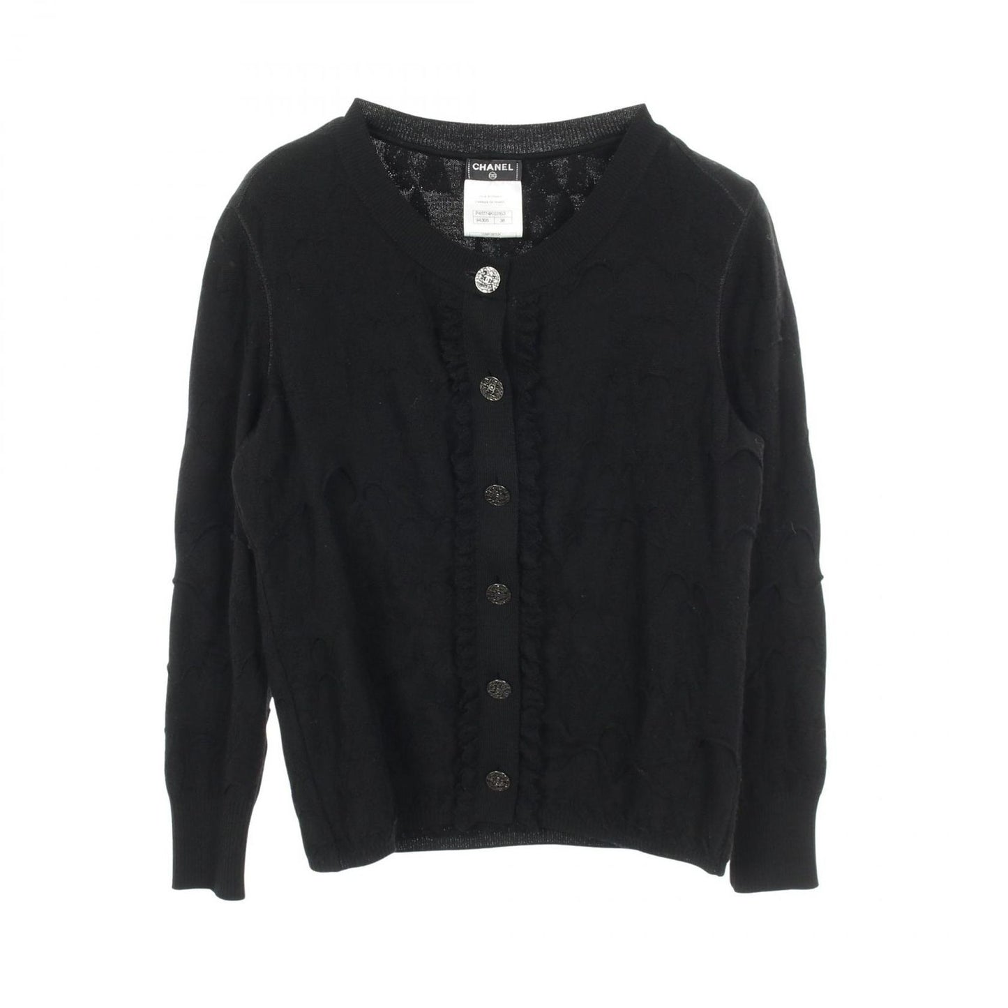 Chanel Cardigan CC Logo Button Frill Black Wool