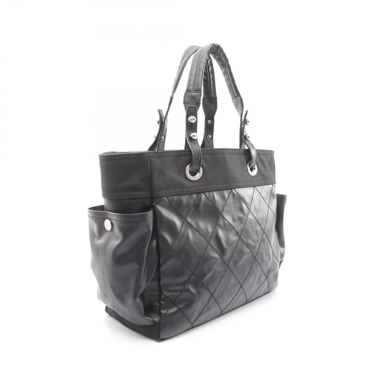 Chanel Tote Paris Biarritz MM Black Leather Canvas — view 2