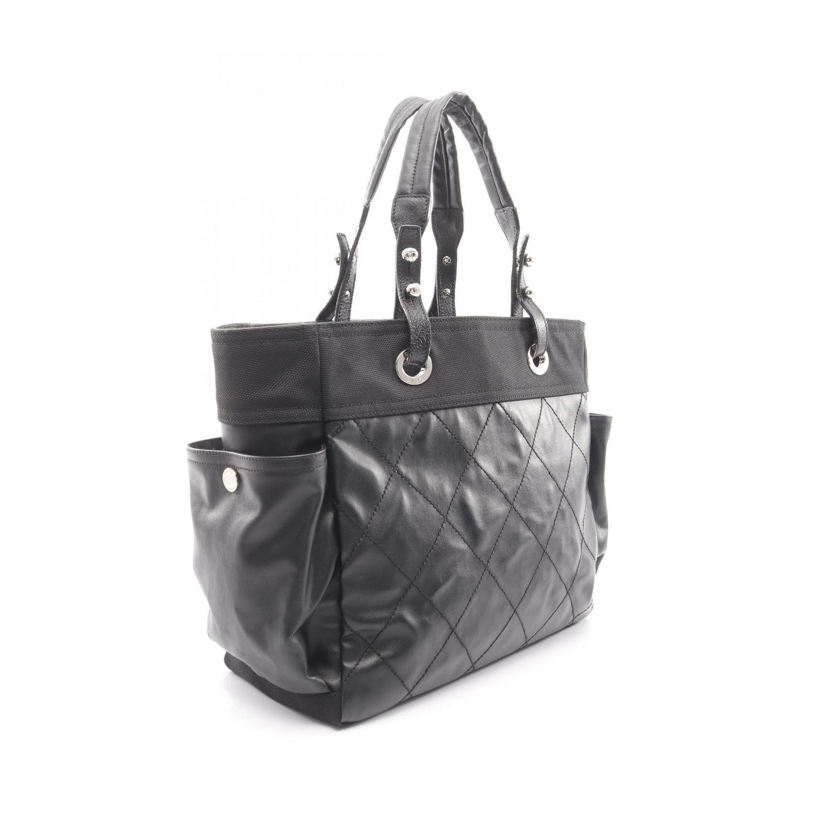 Chanel Tote Paris Biarritz MM Black Leather Canvas — view 2