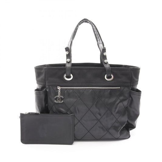 Chanel Tote Paris Biarritz MM Black Leather Canvas