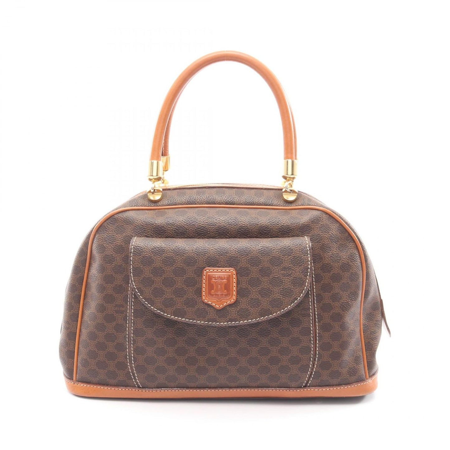 Celine Handbag Macadam Brown Dark Canvas Leather Half Moon Mini Boston