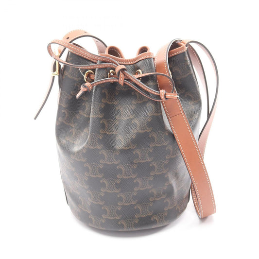 Celine Shoulder Bag Triomphe Small Drawstring Brown Gray Canvas Leather