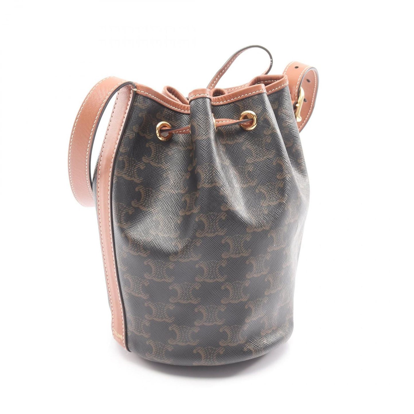 Celine Shoulder Bag Triomphe Small Drawstring Brown Gray Canvas Leather — view 2