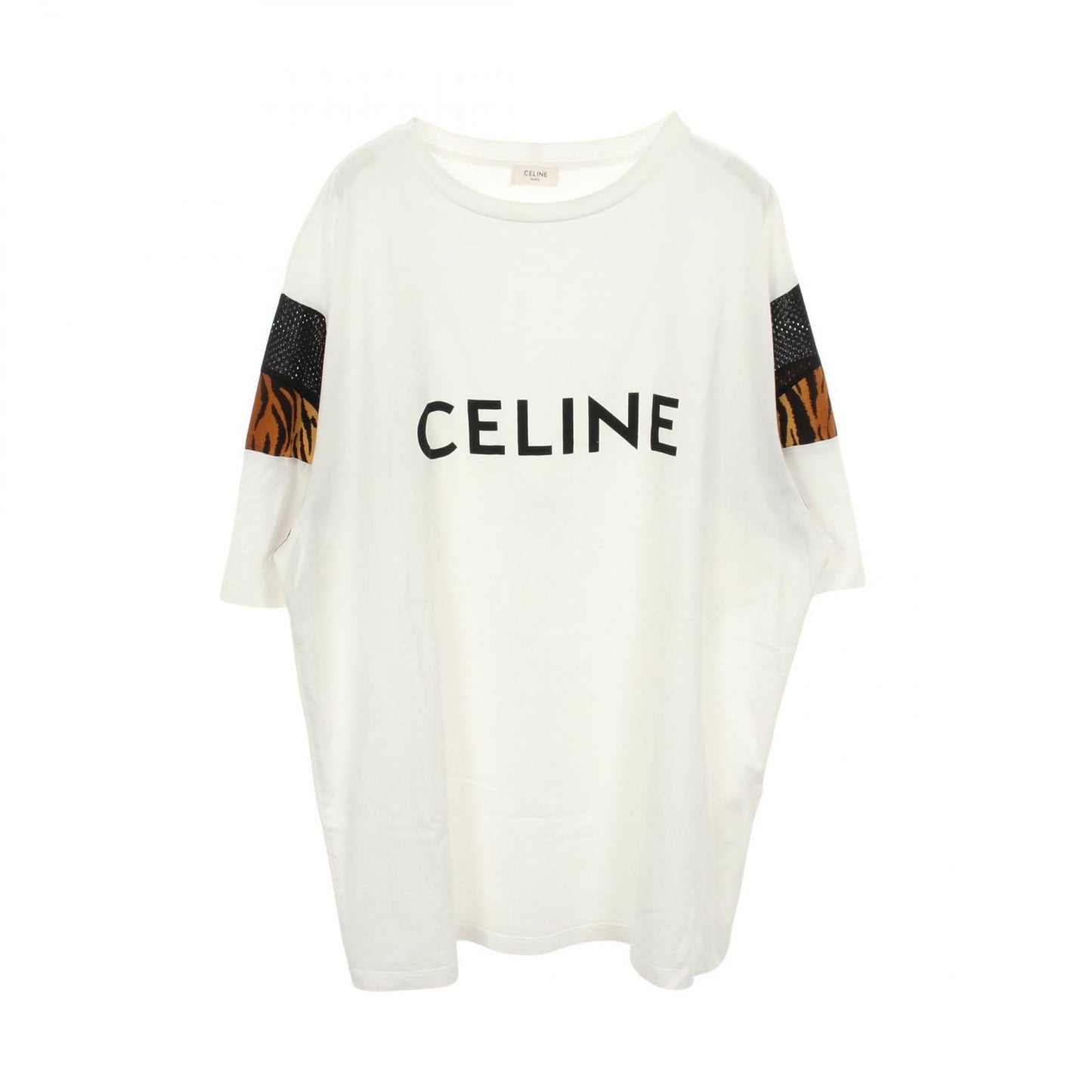 Celine Short Sleeve T-Shirt Logo Print Mesh Trim Leopard Oversize White Cotton