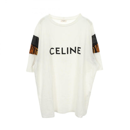 Celine Short Sleeve T-Shirt Logo Print Mesh Trim Leopard Oversize White Cotton
