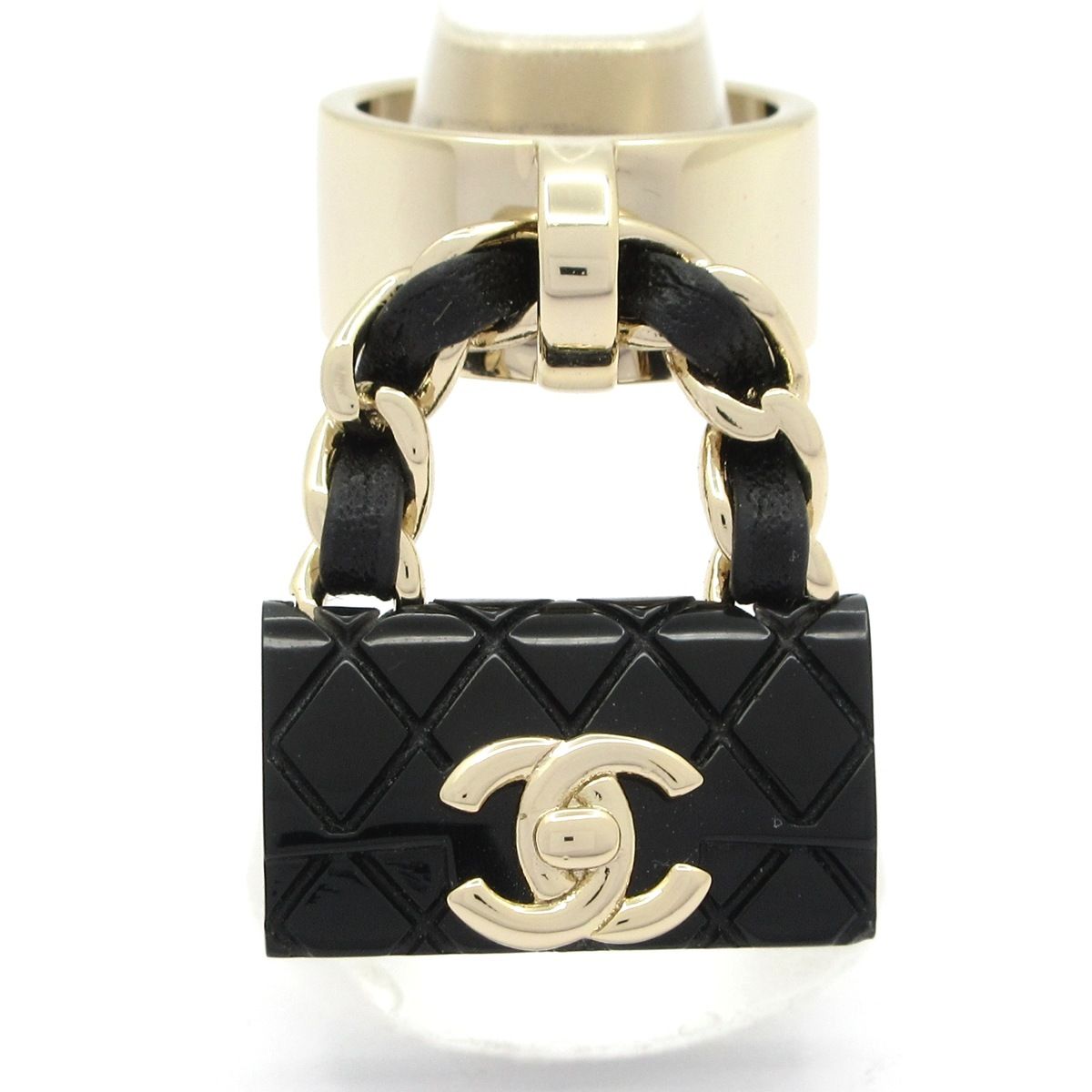 Chanel Ring CC Logo Lambskin Gold Black Bag with Charm Quilted