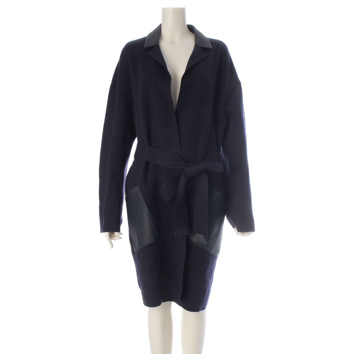 Loro Piana Cashmere Silk Pocket Long Coat with Belt Navy
