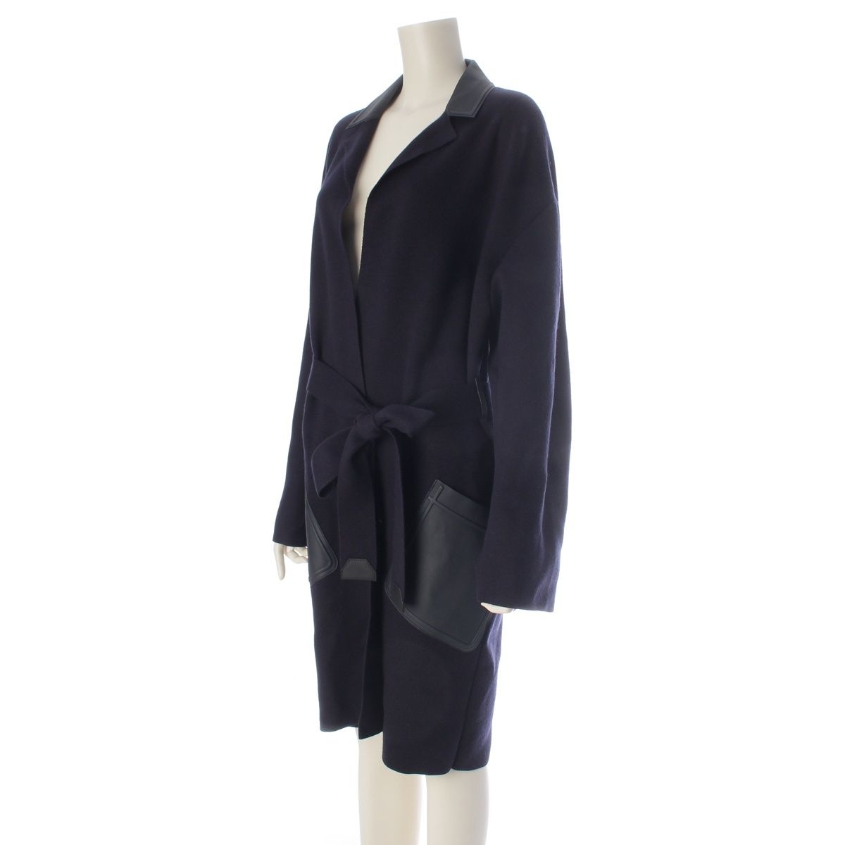 Loro Piana Cashmere Silk Pocket Long Coat with Belt Navy — view 2