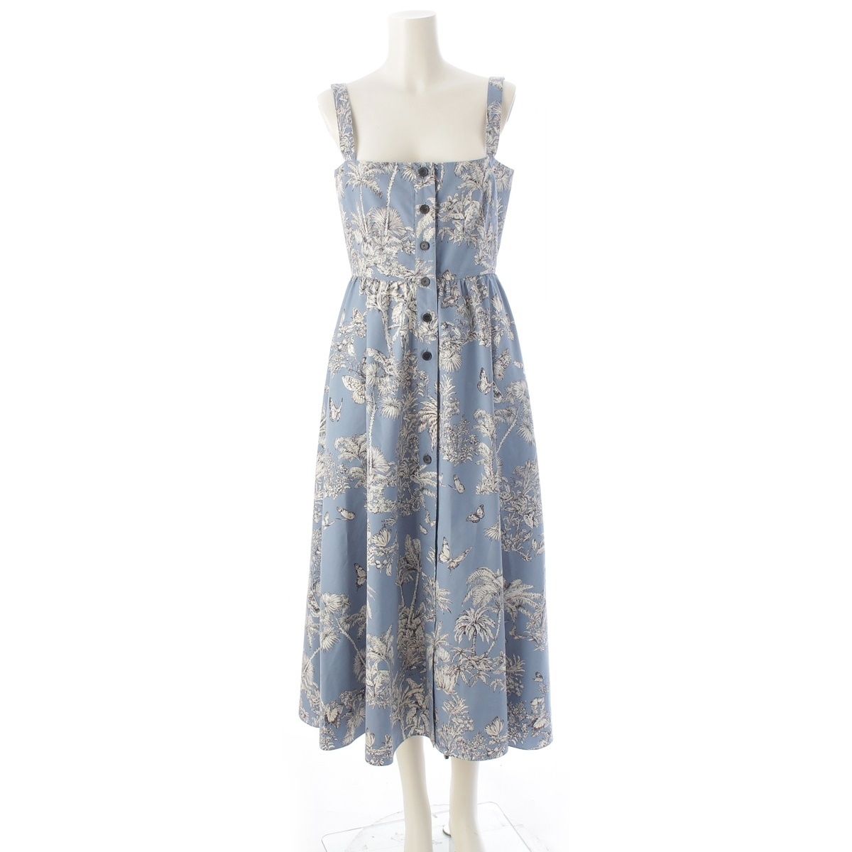 Dior Iviera Cotton Silk de Jouy Palm Tree All Over Pattern Shoulder Dress Blue