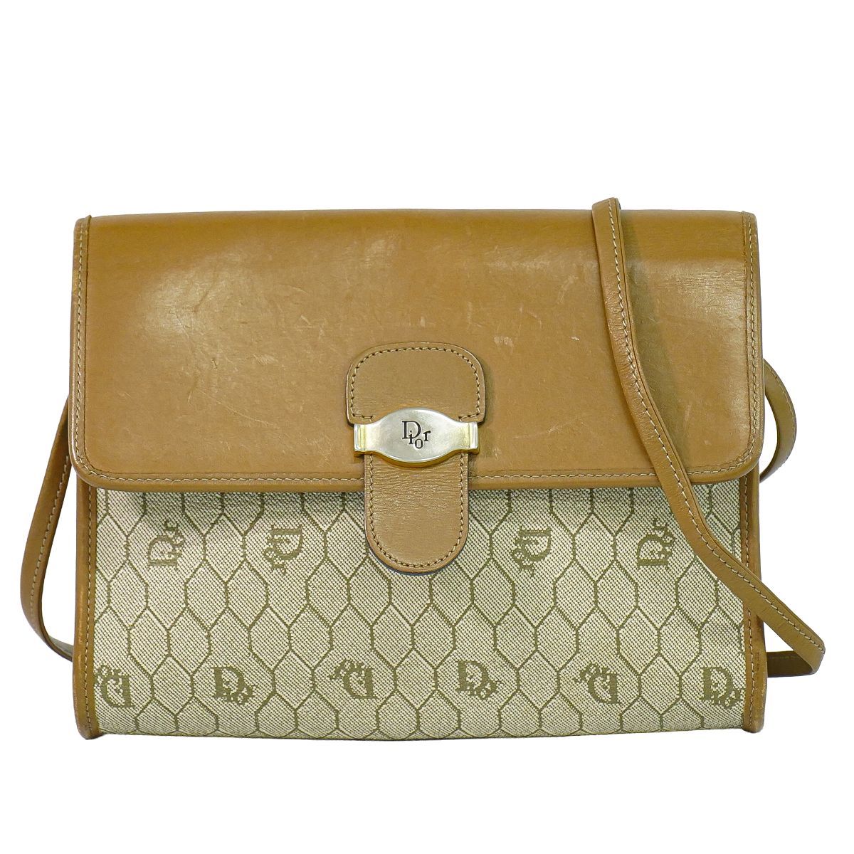 Dior Honeycomb Pattern Shoulder Bag Pochette Leather Beige Brown
