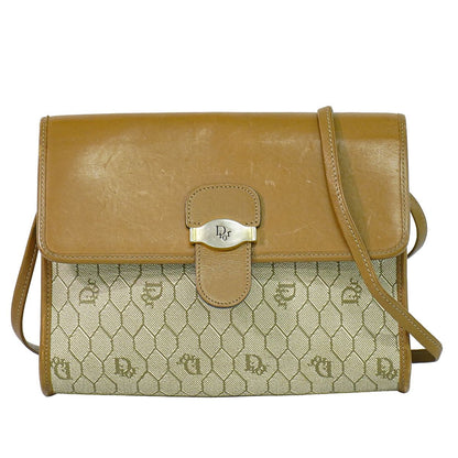 Dior Honeycomb Pattern Shoulder Bag Pochette Leather Beige Brown