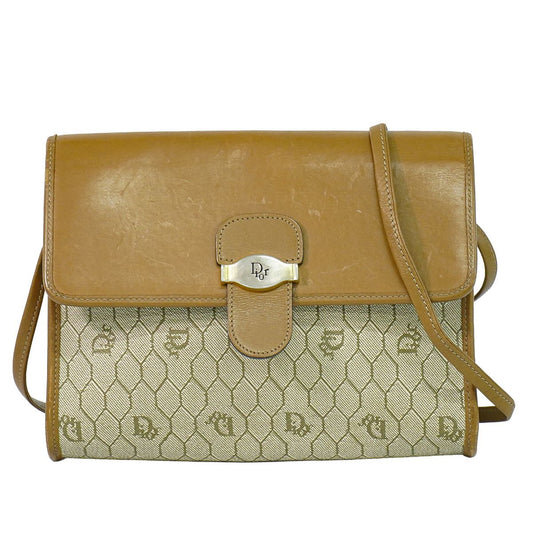 Dior Honeycomb Pattern Shoulder Bag Pochette Leather Beige Brown