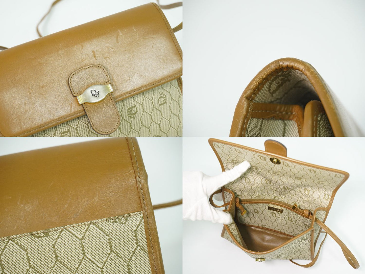 Dior Honeycomb Pattern Shoulder Bag Pochette Leather Beige Brown — view 8