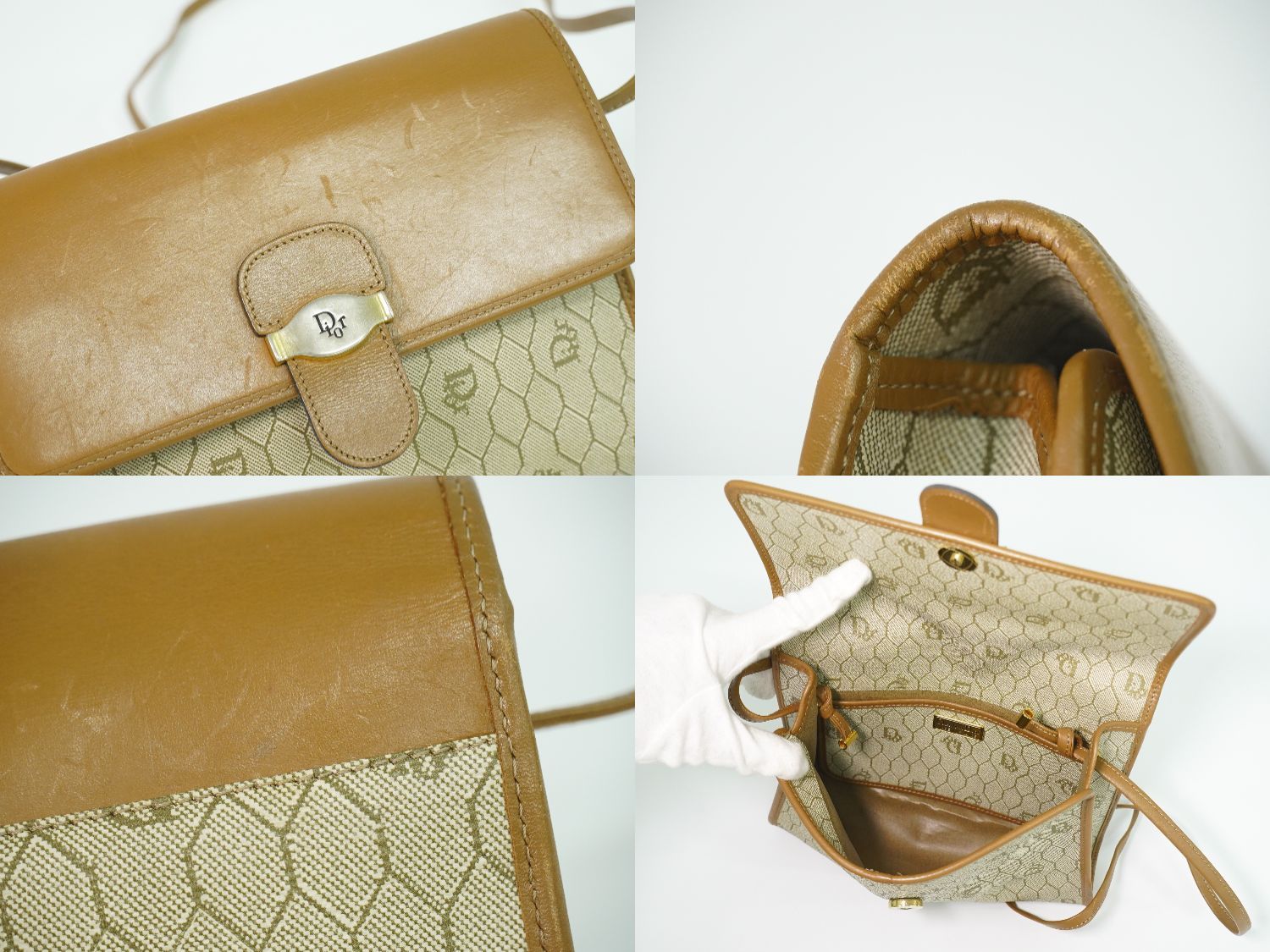 Dior Honeycomb Pattern Shoulder Bag Pochette Leather Beige Brown — view 8