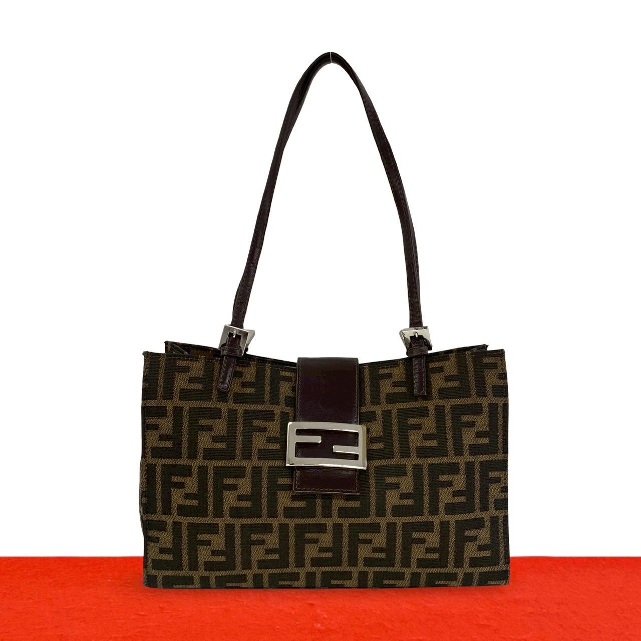 Fendi Vintage Zucca FF Logo Canvas Leather Tote Shoulder Bag Brown
