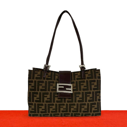 Fendi Vintage Zucca FF Logo Canvas Leather Tote Shoulder Bag Brown