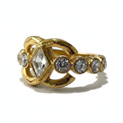 Chanel CC Logo Rhinestone Gold Ring Coco Band