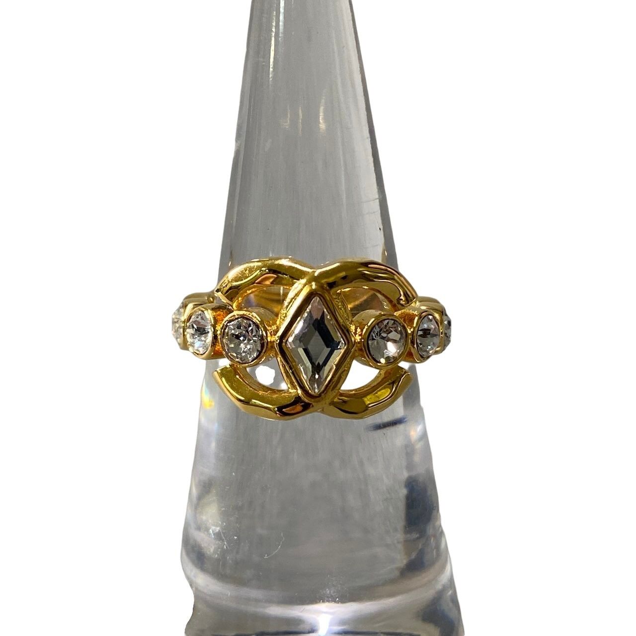 Chanel CC Logo Rhinestone Gold Ring Coco Band — view 3