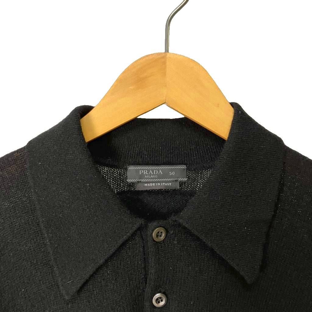 Prada Cashmere Triangle Logo Polo Shirt Knit Sweater Long Sleeve 50 Black — view 5