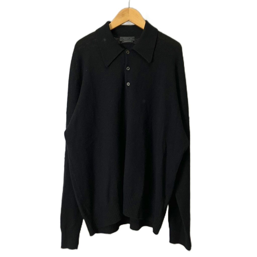 Prada Cashmere Triangle Logo Polo Shirt Knit Sweater Long Sleeve 50 Black