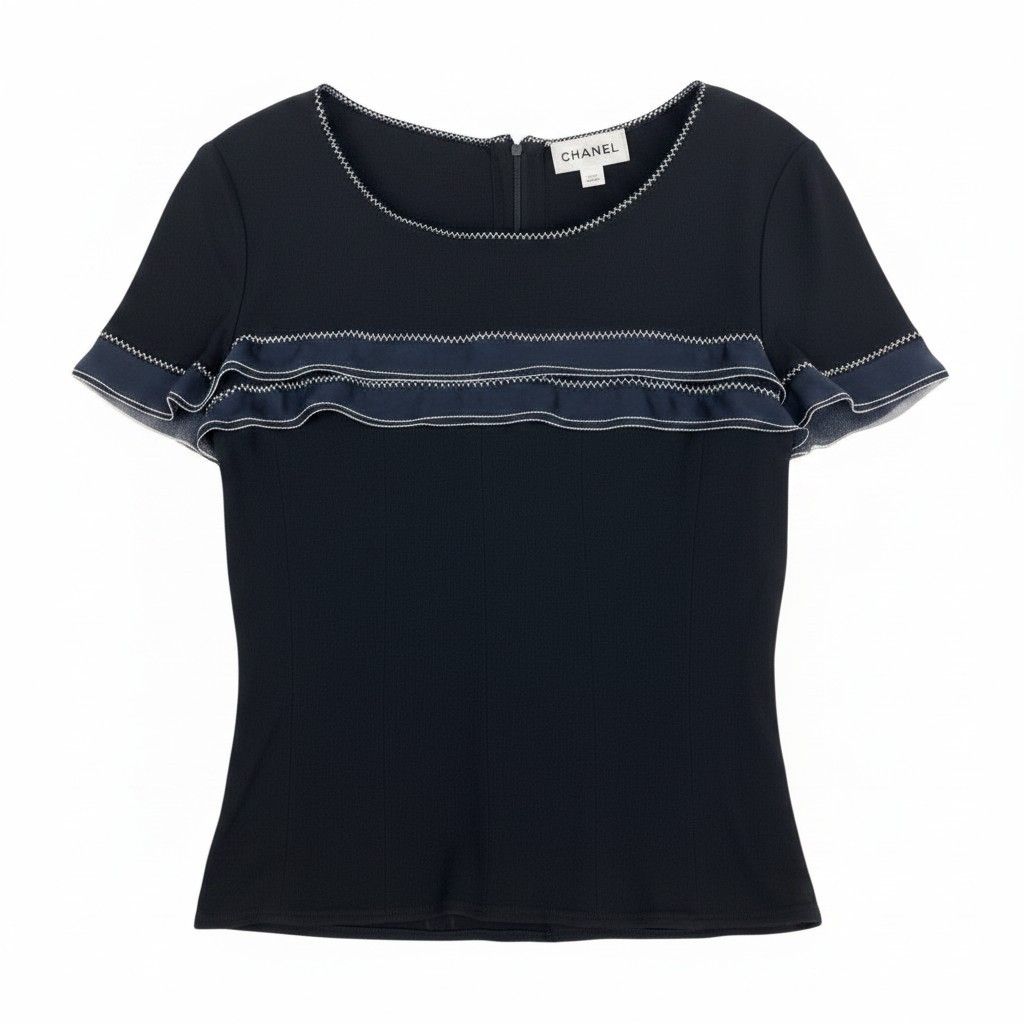 Chanel Short Sleeve Summer Knit Top CC Logo Button 36 Black 100% Rayon Sweater — view 2