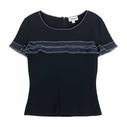 Chanel Short Sleeve Summer Knit Top CC Logo Button 36 Black 100% Rayon Sweater — view 2