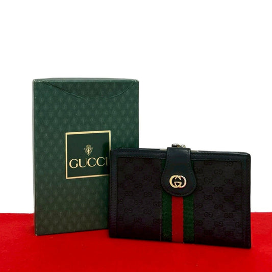 Gucci Vintage Sherry Line Micro GG Logo Leather Clasp Bifold Wallet Black