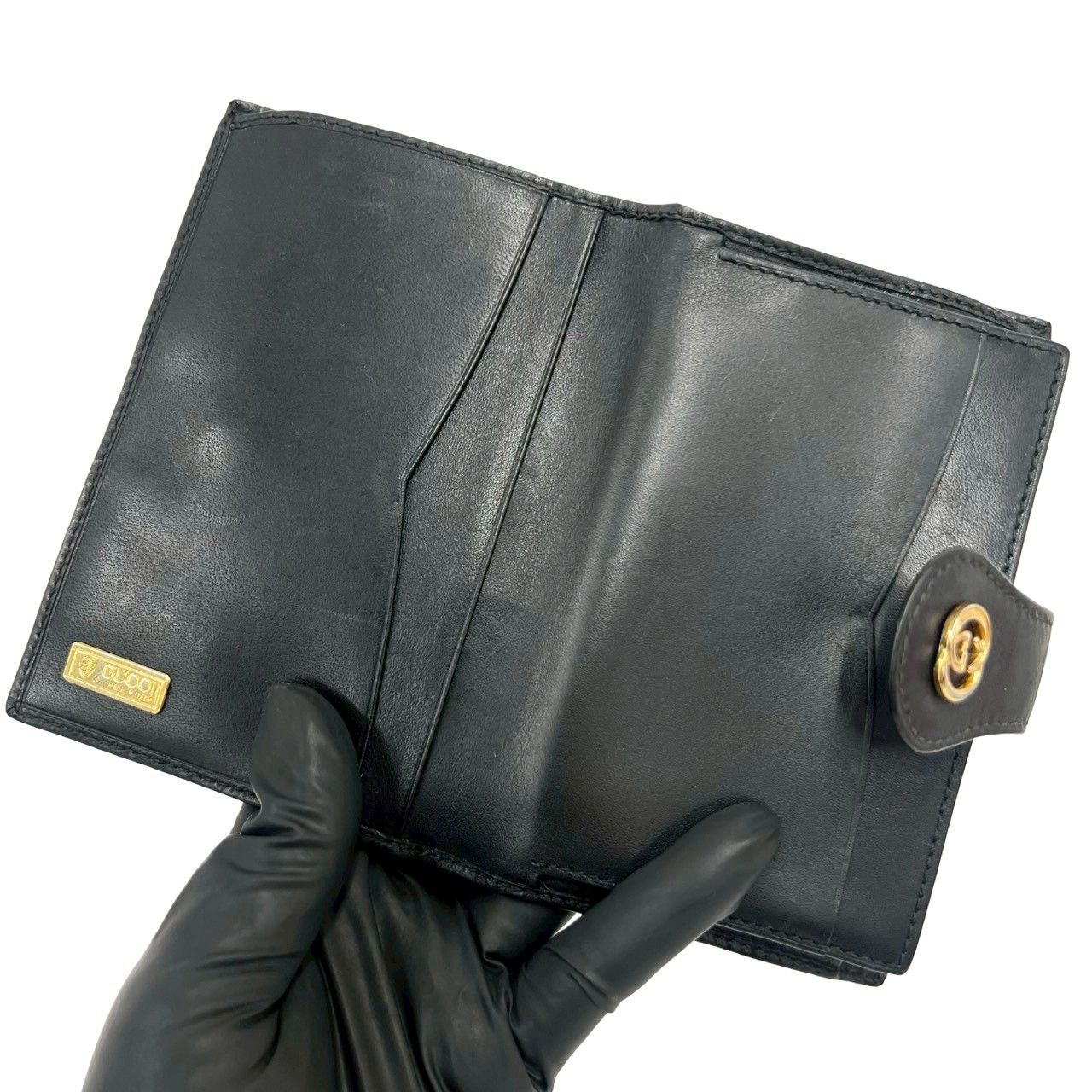 Gucci Vintage Sherry Line Micro GG Logo Leather Clasp Bifold Wallet Black — view 7