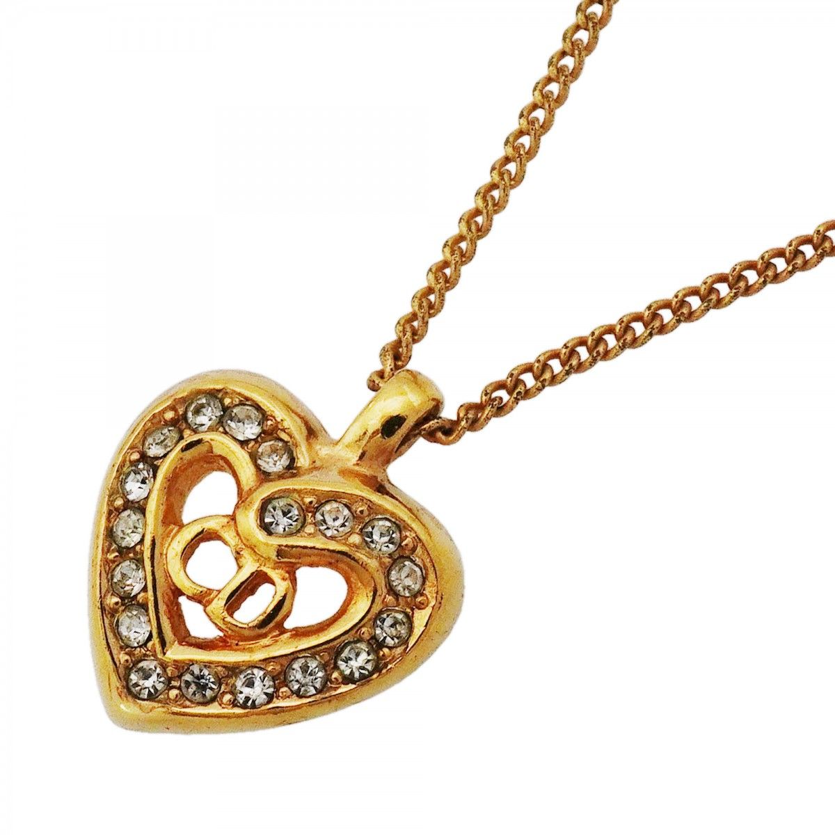 Dior Necklace CD Logo Heart Motif Gold Plated Rhinestone