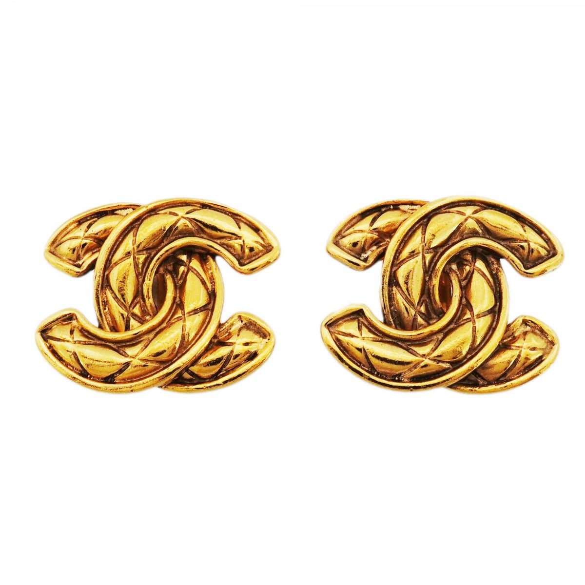 Chanel Earrings Vintage CC Logo Quilted Gold Plated