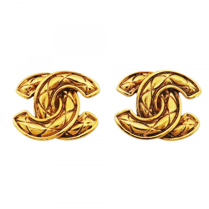 Chanel Earrings Vintage CC Logo Quilted Gold Plated