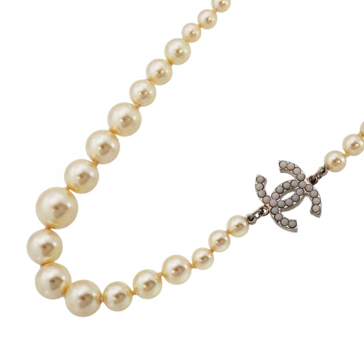 Chanel Necklace CC Logo Metal Faux Pearl Silver