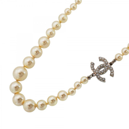 Chanel Necklace CC Logo Metal Faux Pearl Silver