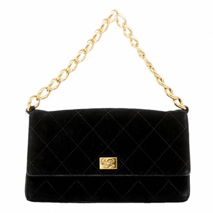 Chanel Handbag Quilted Velour Black Gold