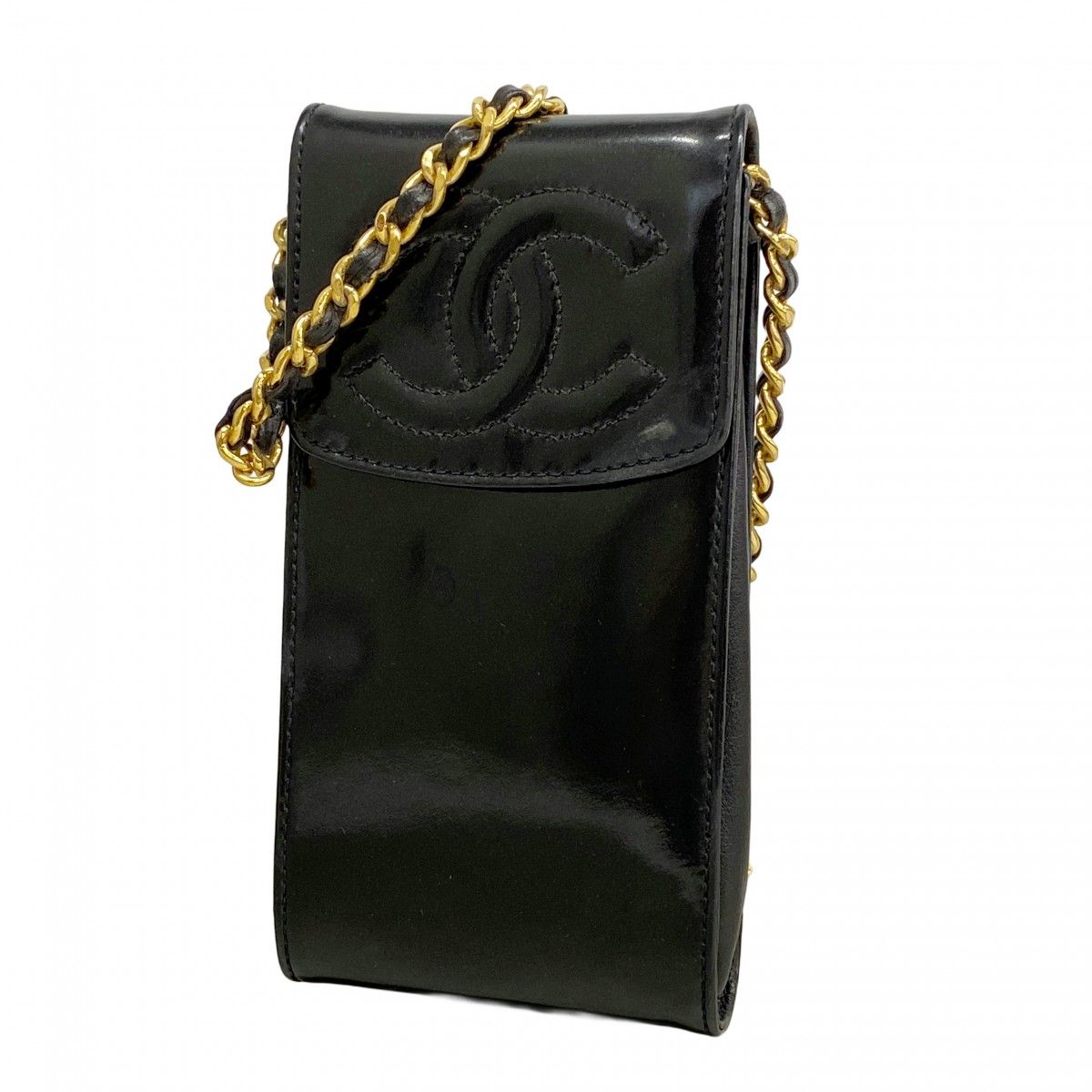 Chanel Shoulder Bag Patent Leather Black Gold