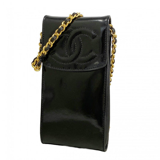 Chanel Shoulder Bag Patent Leather Black Gold